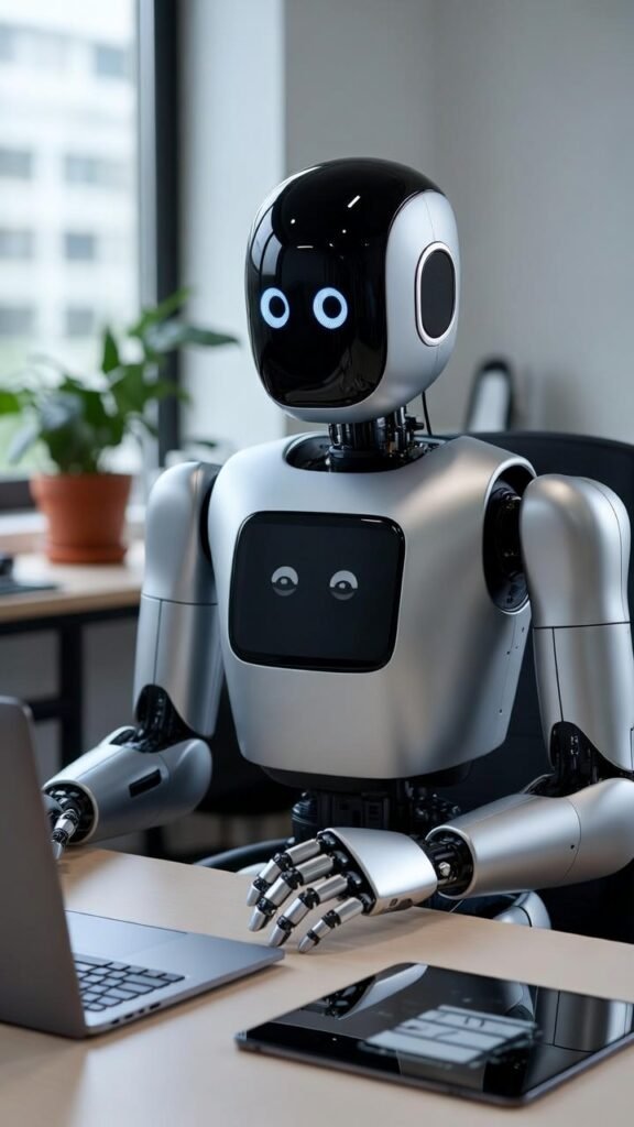 robot trabajando delante de ordenador